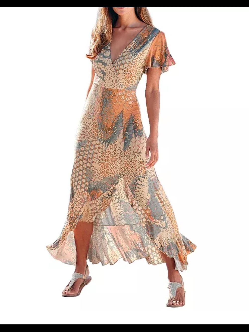 Lascana for Venus V-Neck Printed Ruffled Side Slit Maxi Dress Size L
